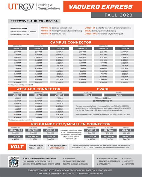 Utrgv shuttle schedule fall 2023 - Schedule is subject to change without notice transportation@utrgv.edu /utrgv_pts utrgv.edu/pts @utrgv_pts 956.665.2036 @utrgv_pts UTRGV - E : Edinburg Visitors Center UTRGV - H : Harlingen Clinical Education Building UTRGV - B : Brownsville Main UTRGV - RGC : Rio Grande City R1 Parking Lot EVABL: Edinburg Visual Arts Building